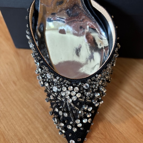 BADGLEY MISCHKA BLACK SATIN RHINESTONE BEADS ANKLE STRAP HEELS LIKE NEW 8 - Picture 2 of 10